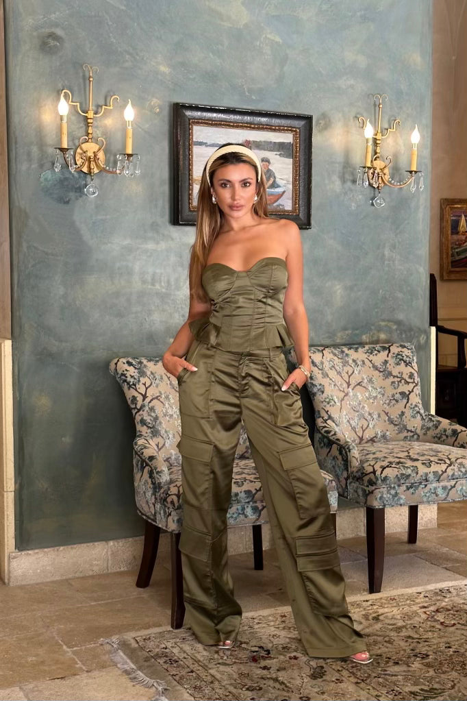 Valentina 2Piece Satin Cargo Set Olive Green Zie Boutique