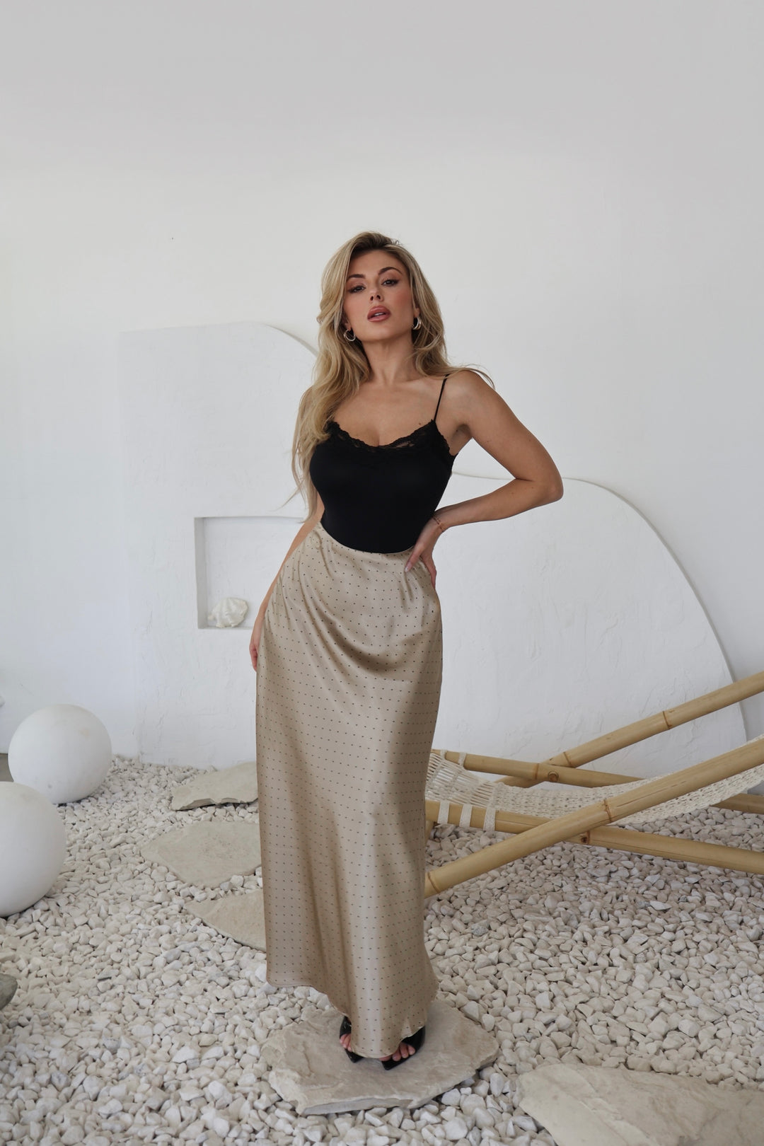 Alana Polkadot Satin Maxi Skirt