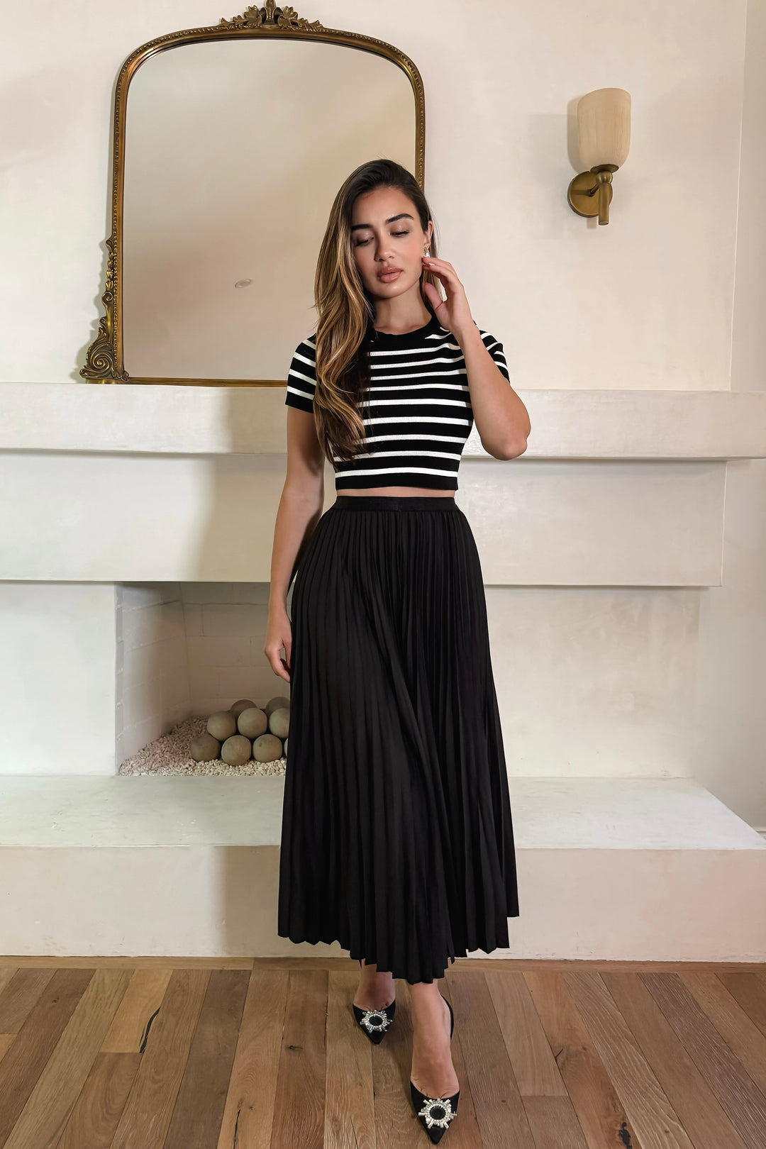 Virginia Pleated Satin Skirt - Black