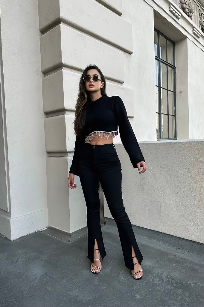Raven Rhinestone Knit Sweater - Black