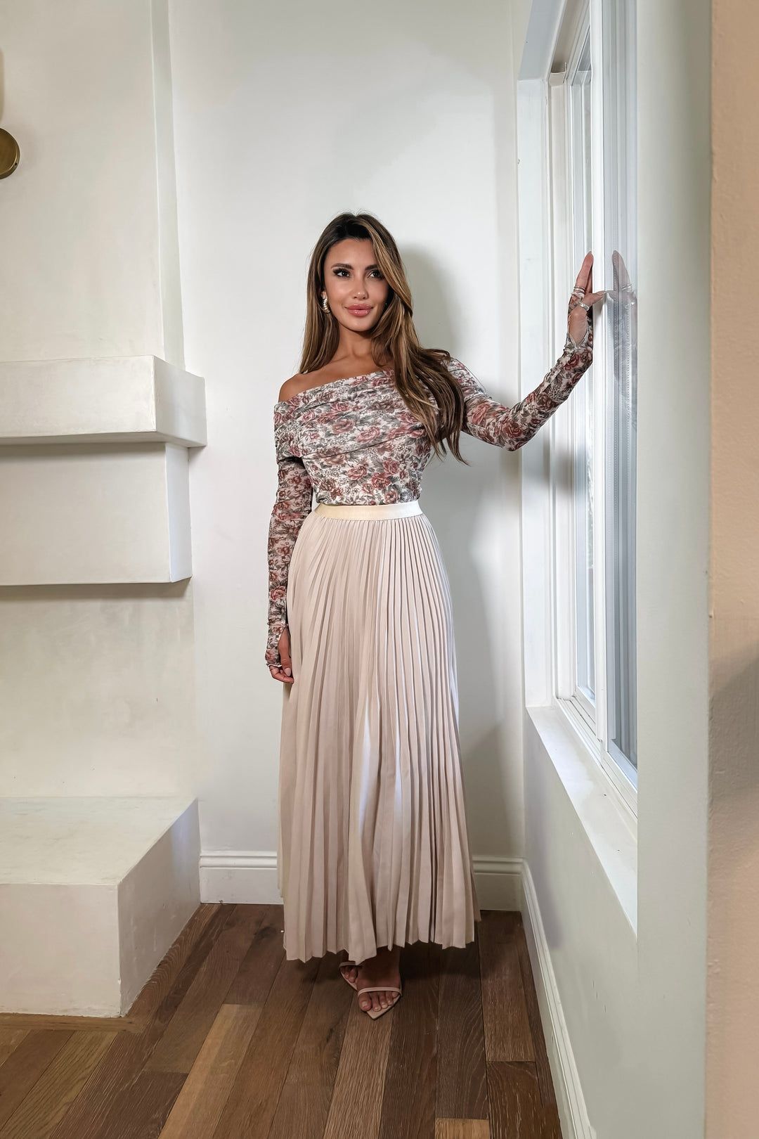 Virginia Pleated Satin Skirt - Nude
