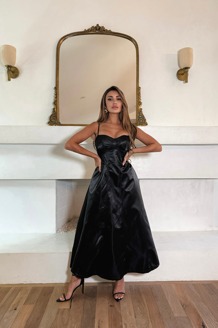 Ellanora Dress - Black Satin