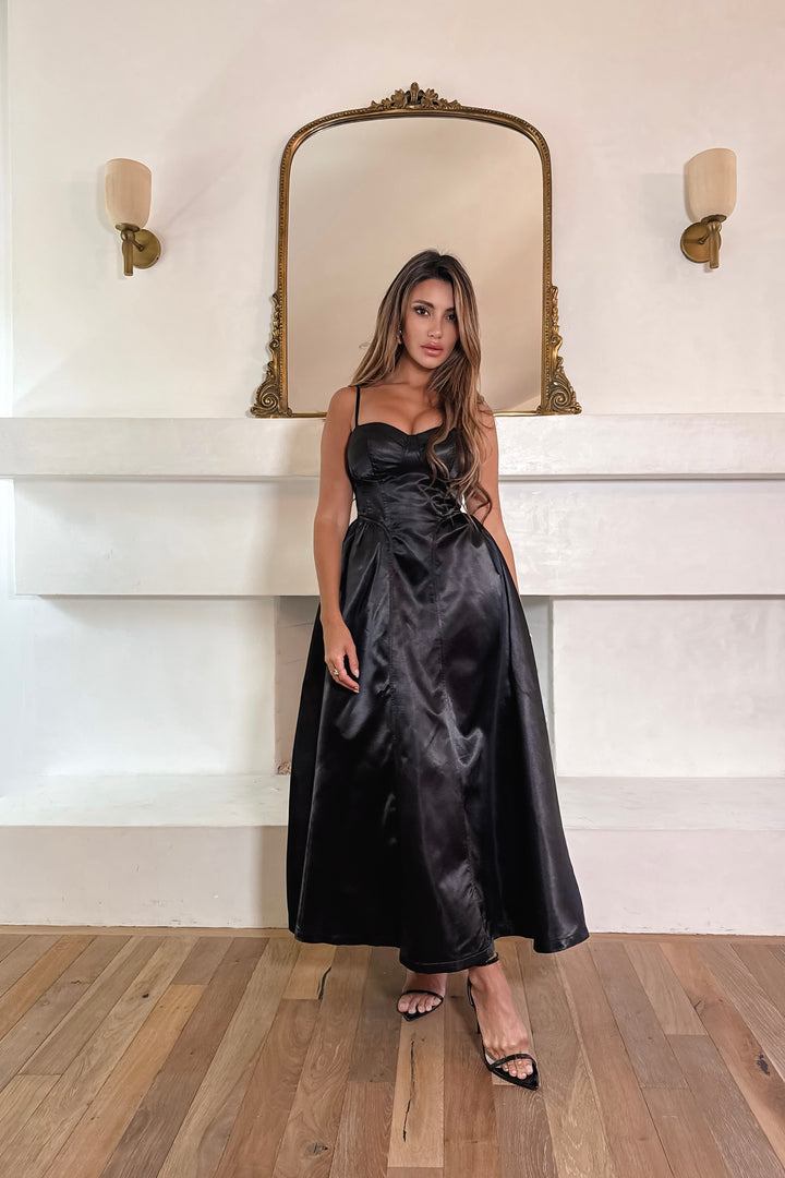 Ellanora Dress - Black Satin