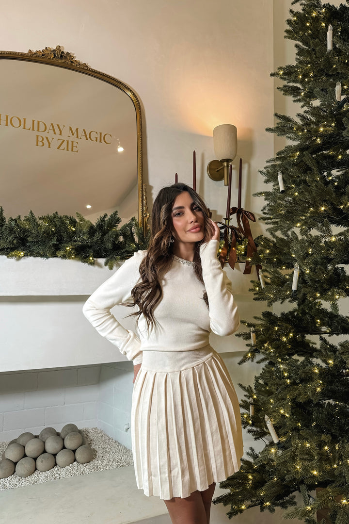 Maya Pearl Trim Pleated Knit Dress - Cream