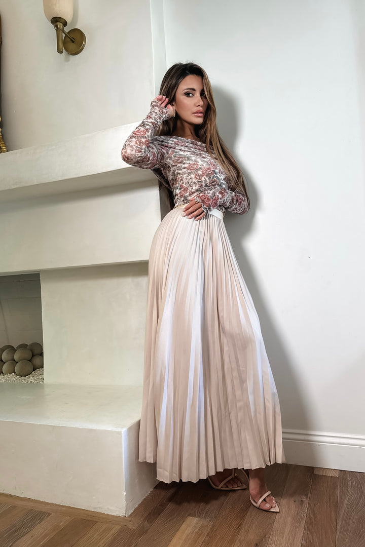 Virginia Pleated Satin Skirt - Nude