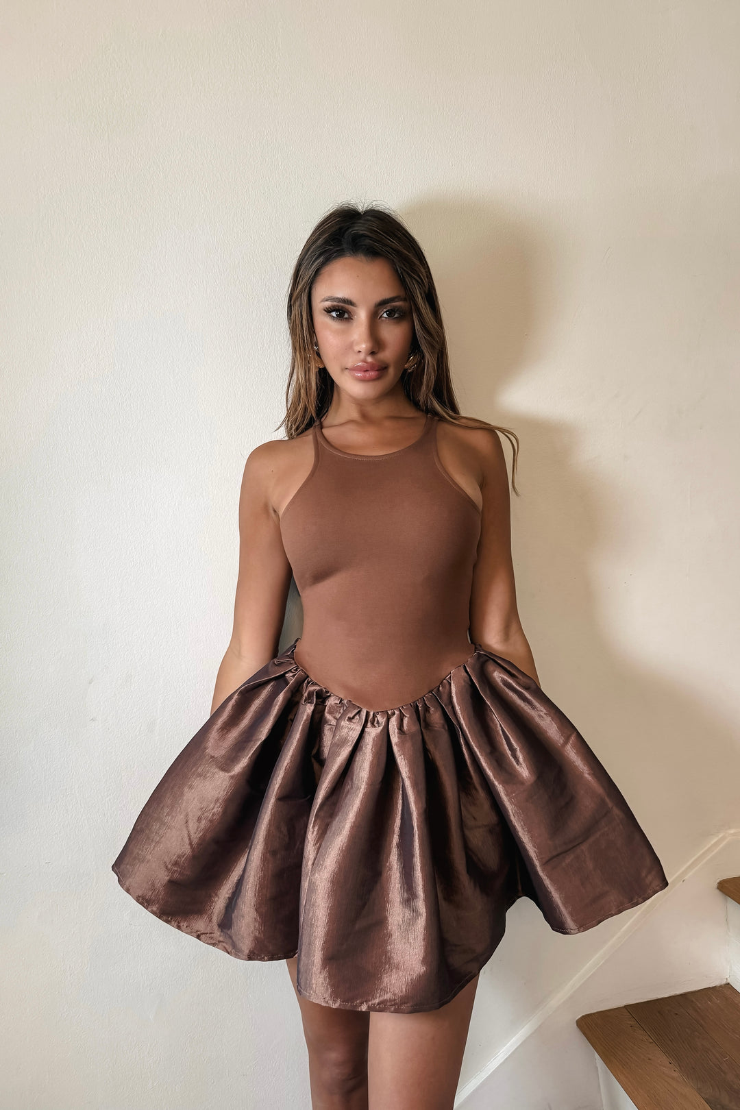 Belinda Puff Satin Dress - Brown