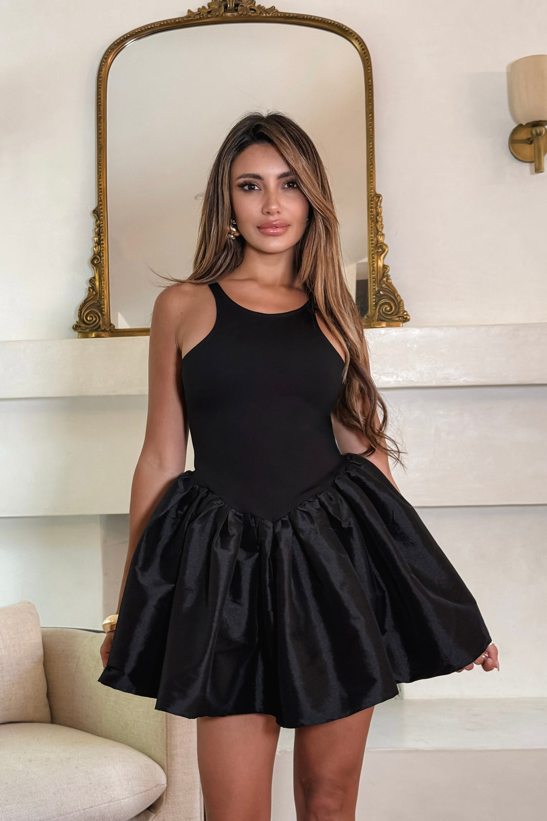 Belinda Puff Satin Dress - Black