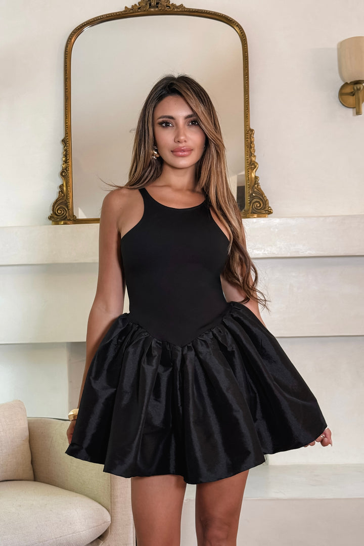 Belinda Puff Satin Dress - Black