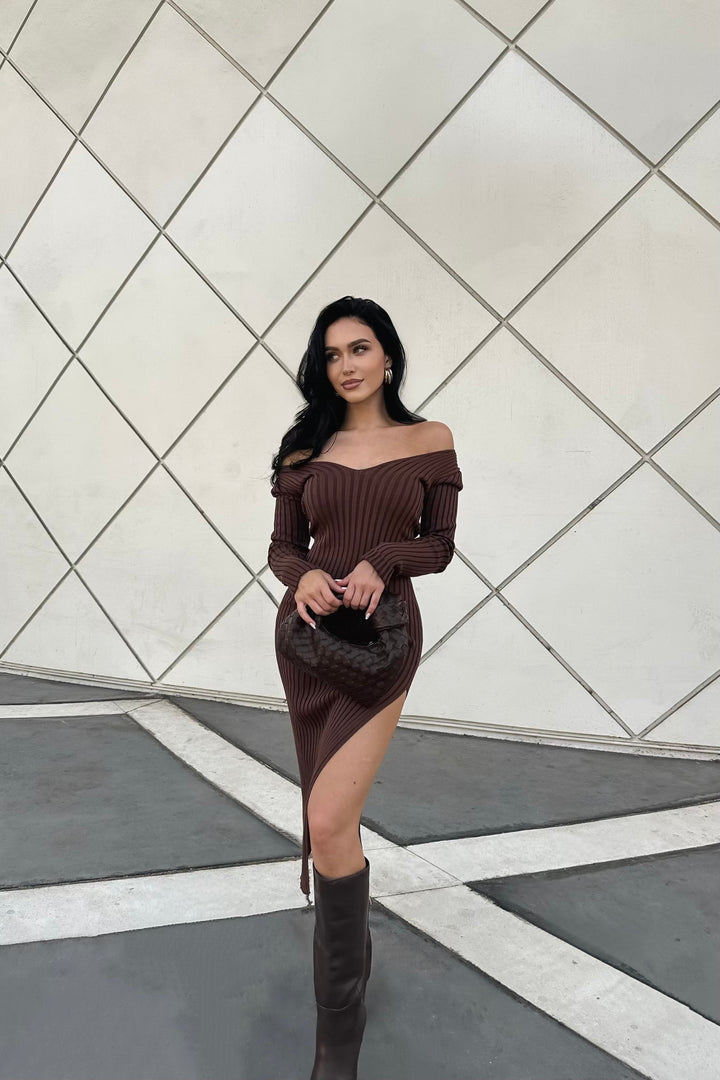 Autumn Ribbed Knit Slit Dress