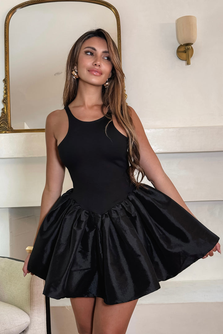 Belinda Puff Satin Dress - Black
