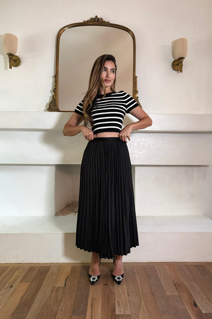 Virginia Pleated Satin Skirt - Black