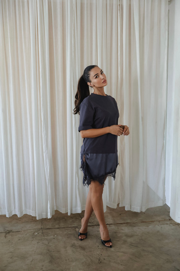 Vivi Lace + Satin T-Shirt Dress