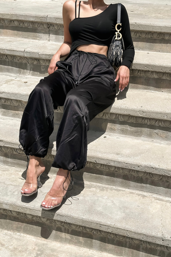 Alora Satin Parachute Pants - Black