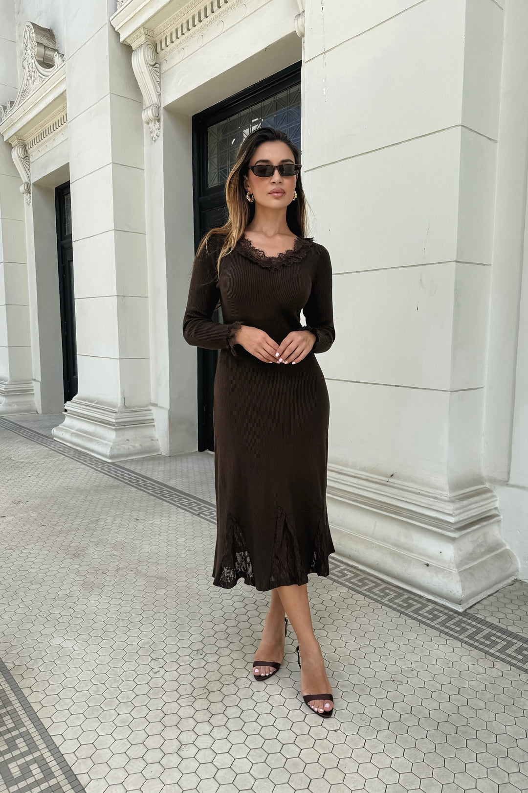 Linda Knit + Lace Trim Dress