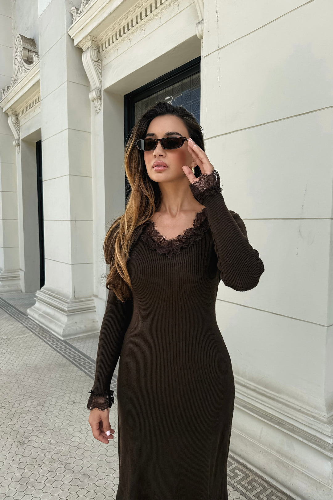 Linda Knit + Lace Trim Dress