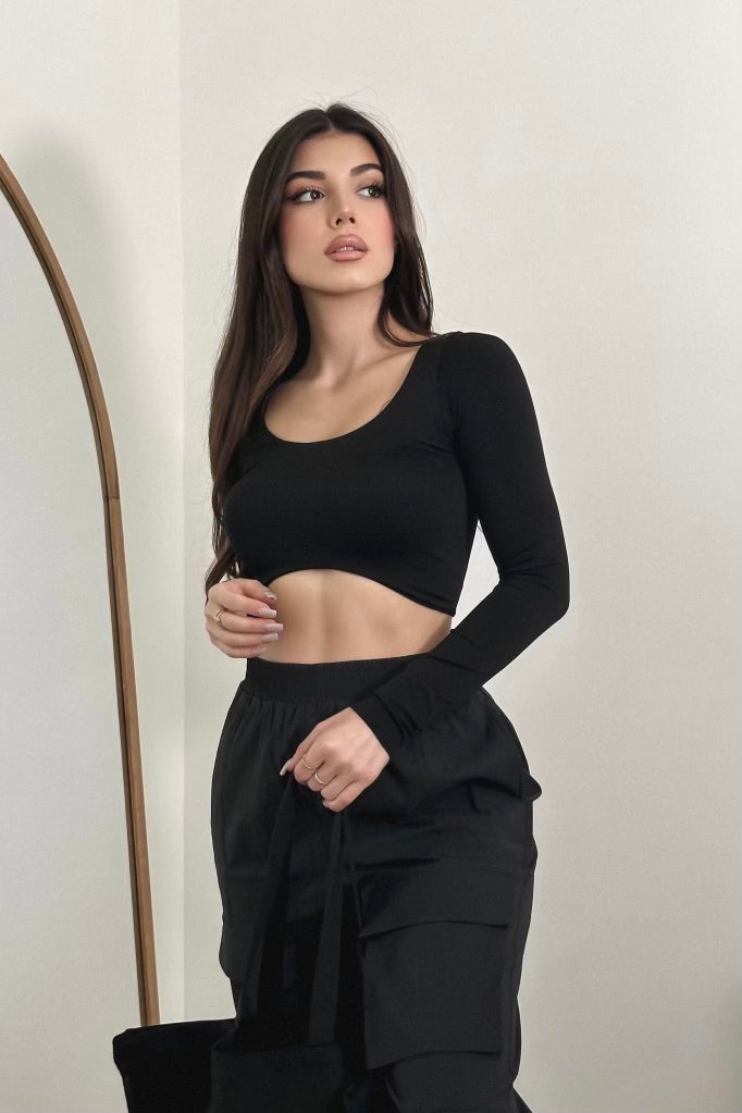 RESERVED Double Brushed Long Sleeve Crop Top - Onyx
