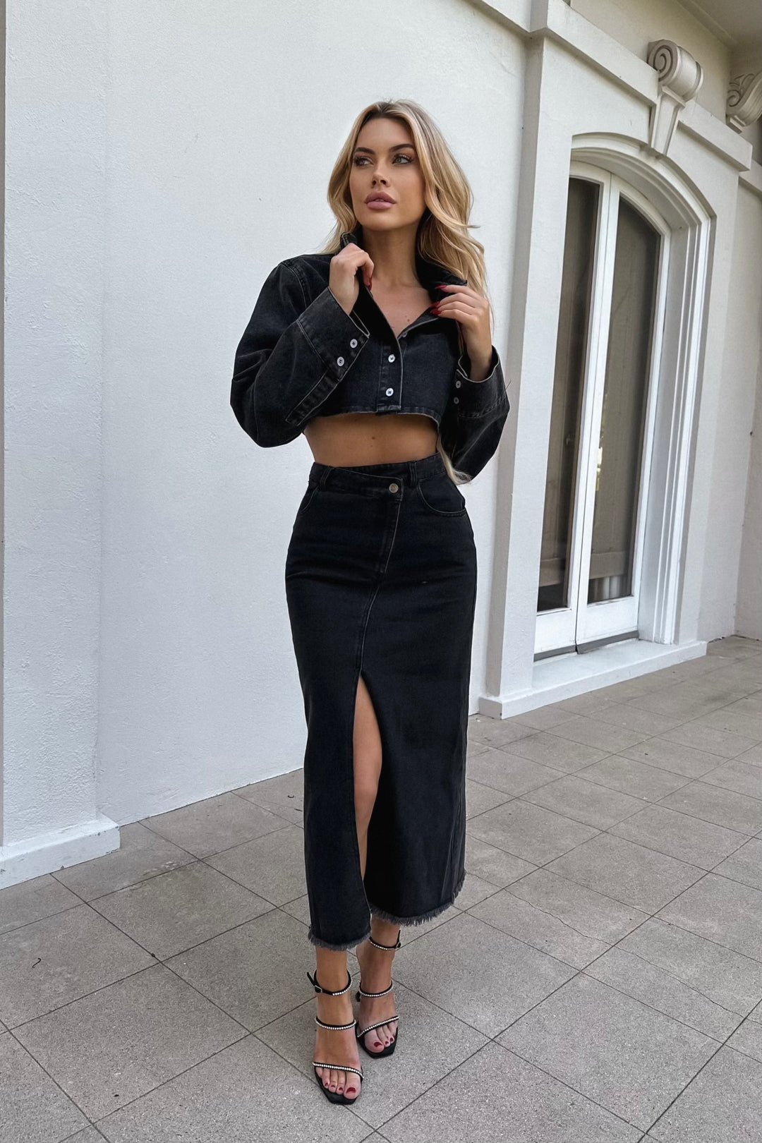 2 piece denim skirt set clearance