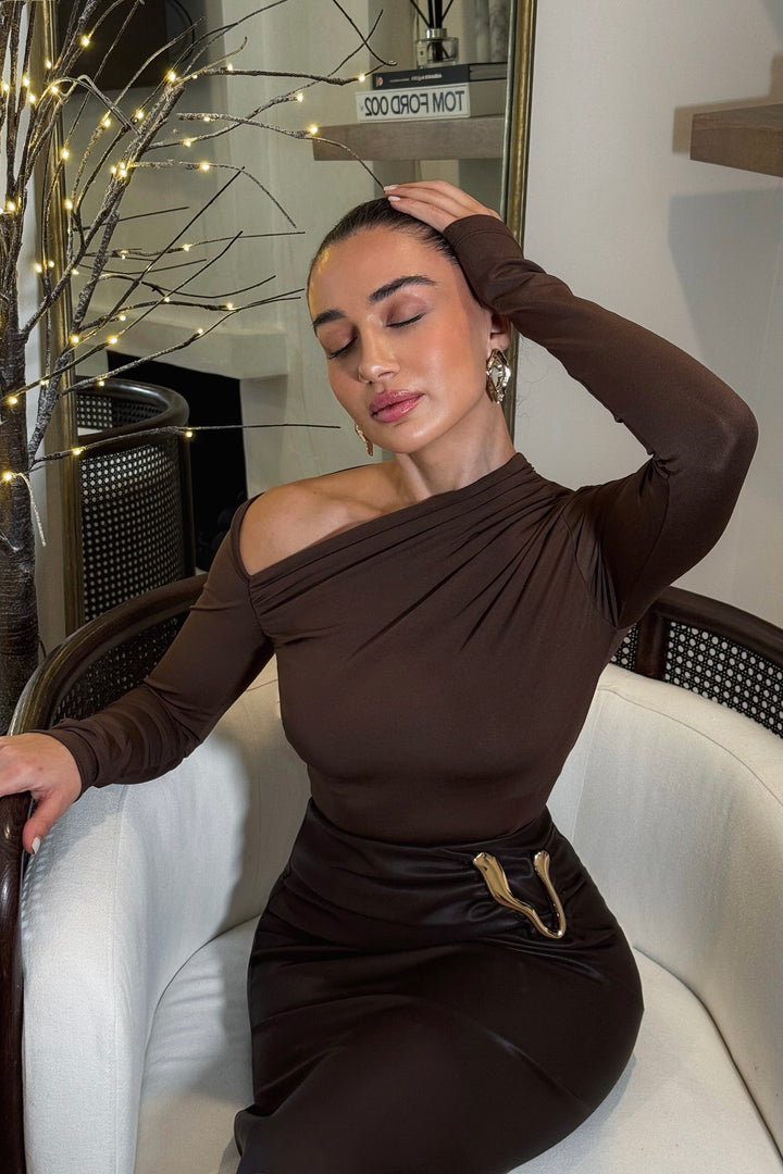 Angelee Gold Hardware Leather Skirt - Brown