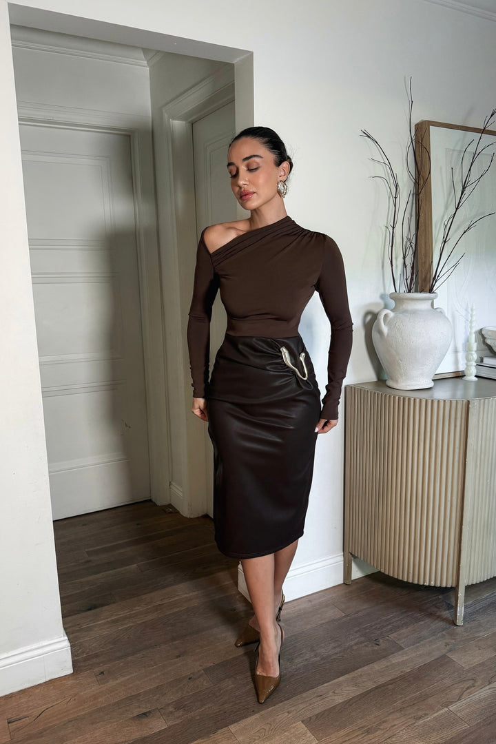 Angelee Gold Hardware Leather Skirt - Brown