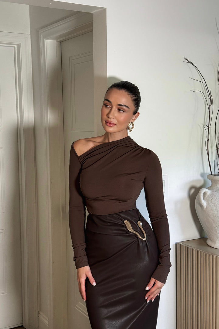 Angelee Gold Hardware Leather Skirt - Brown