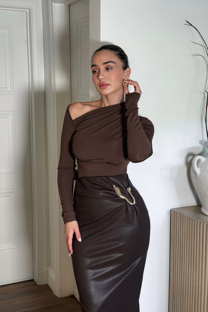 Angelee Gold Hardware Leather Skirt - Brown