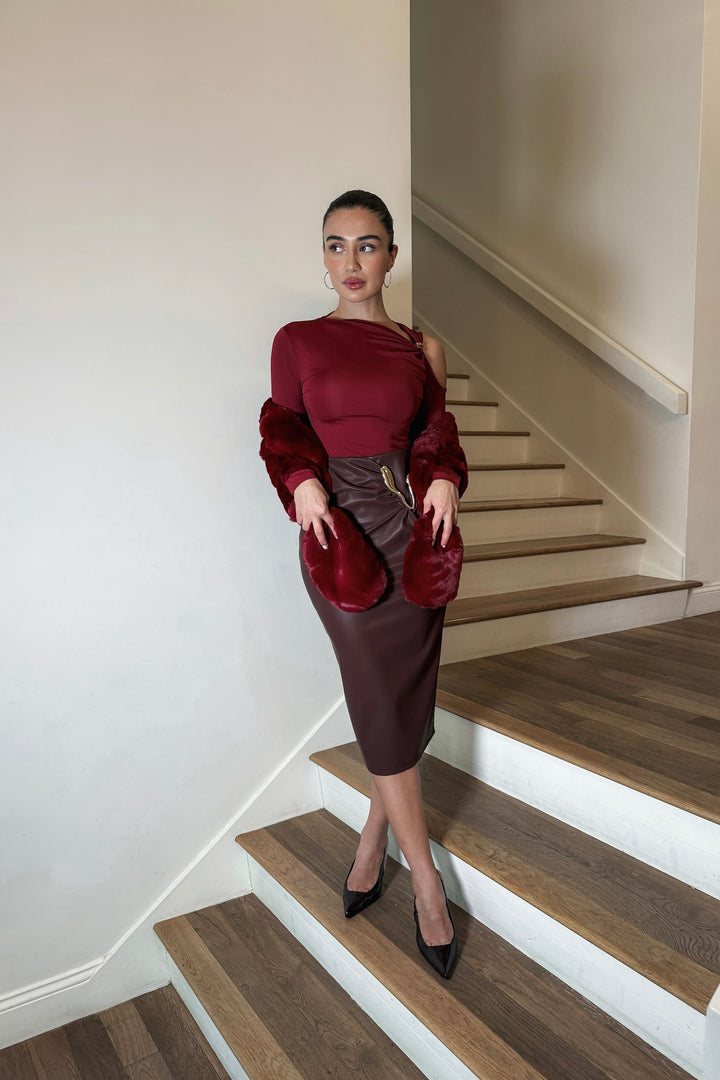 Angelee Gold Hardware Leather Skirt - Burgundy