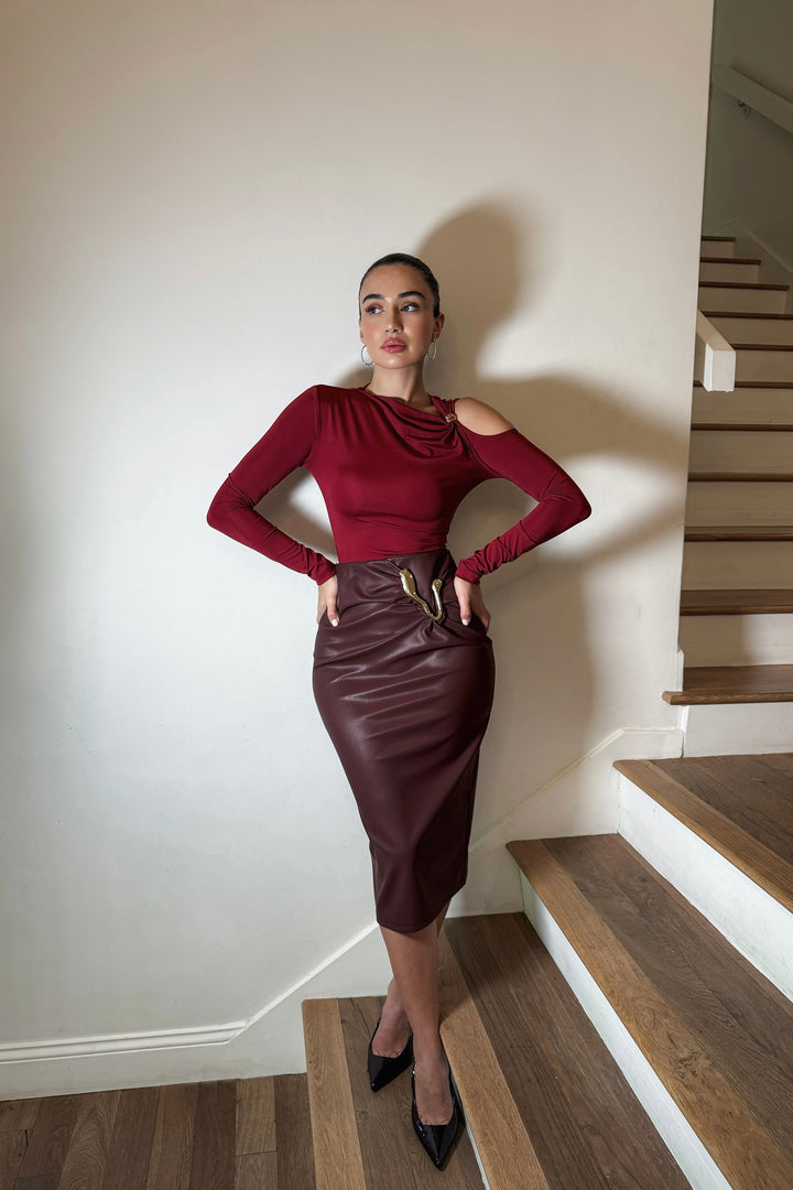 Angelee Gold Hardware Leather Skirt - Burgundy