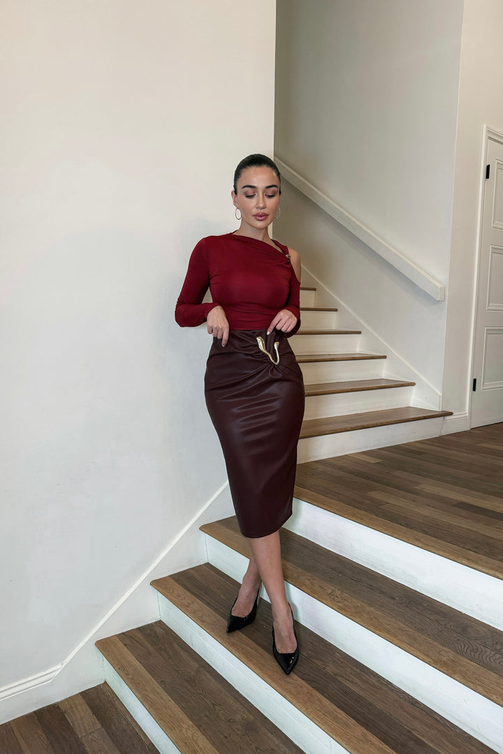 Angelee Gold Hardware Leather Skirt - Burgundy