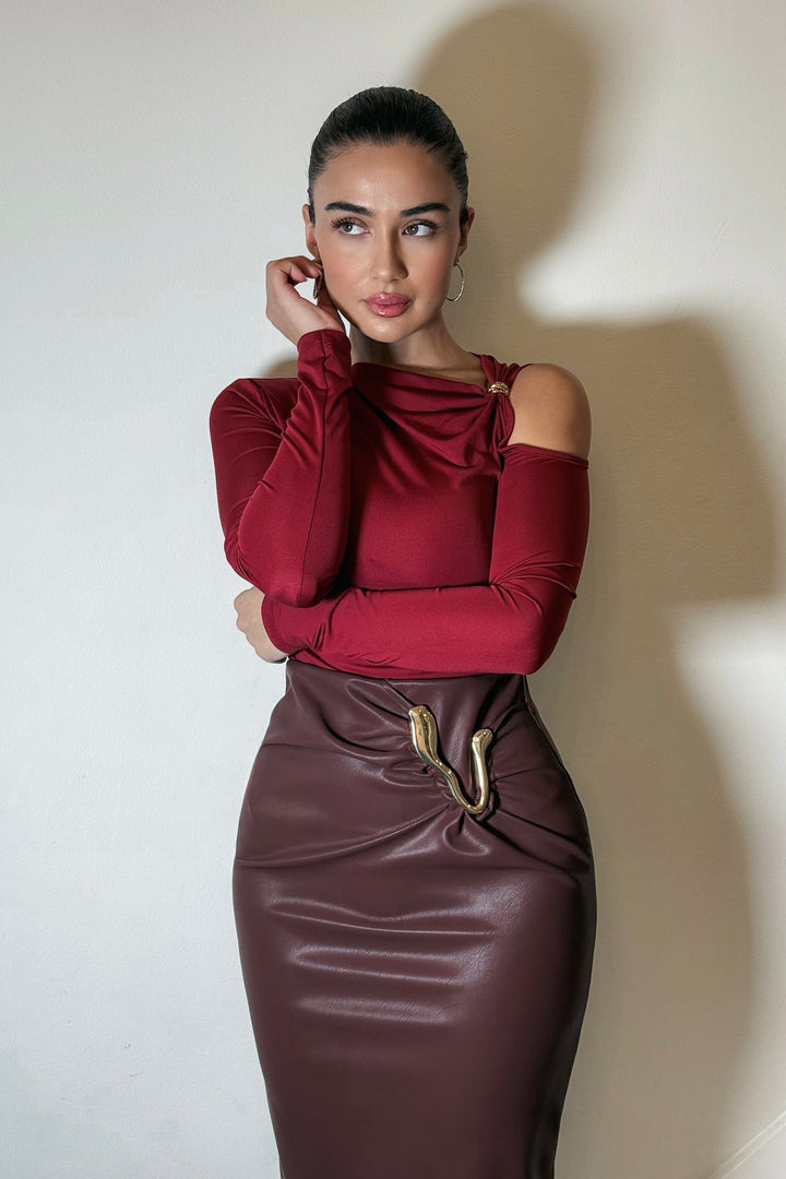 Angelee Gold Hardware Leather Skirt - Burgundy