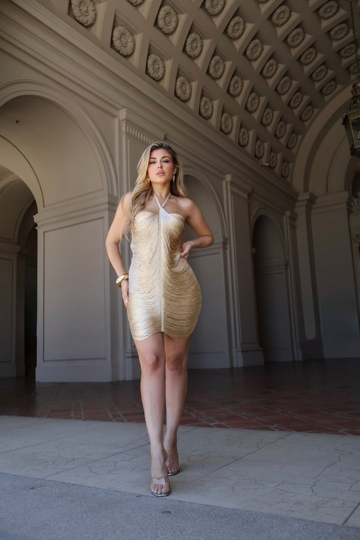 Yazzie Fringe Bandage Dress - Gold