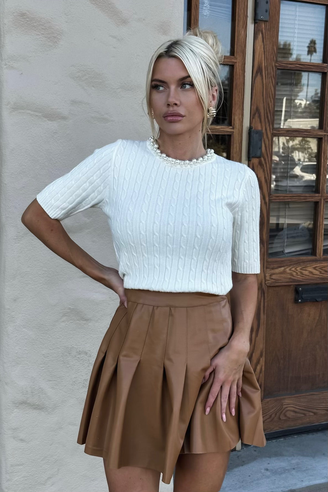 ★ Leey★ LEATHER BUCKLE PLEATED SKIRT BROWN P0000EIS Mimi Pleated Leather Skirt – Zie Boutique