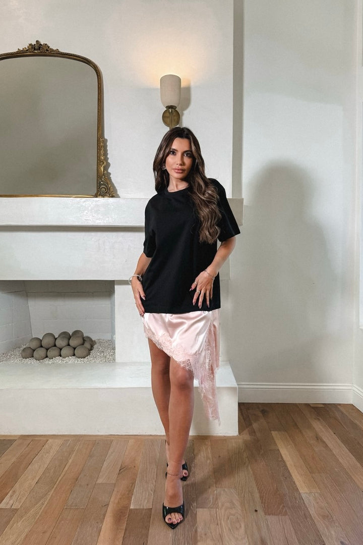 Nancy Lace Trim T-Shirt Dress - Black