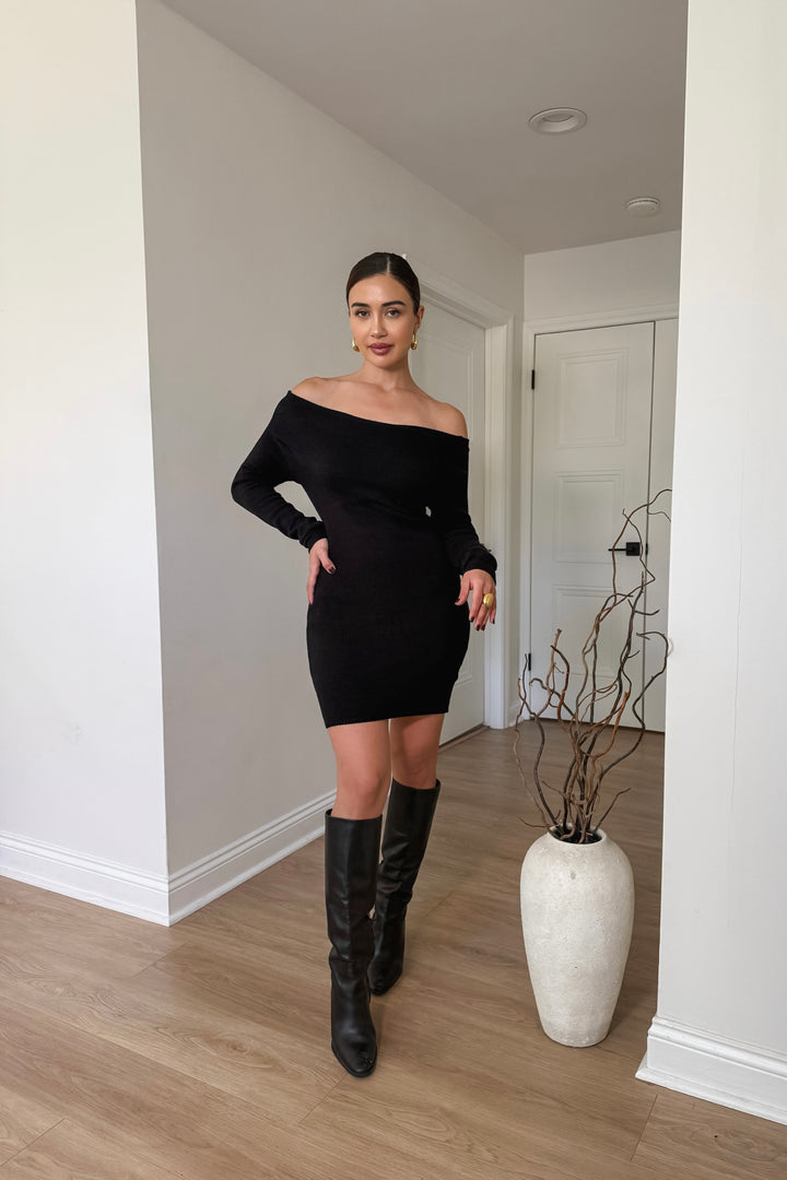 Jemma Off-Shoulder Knit Dress - Black