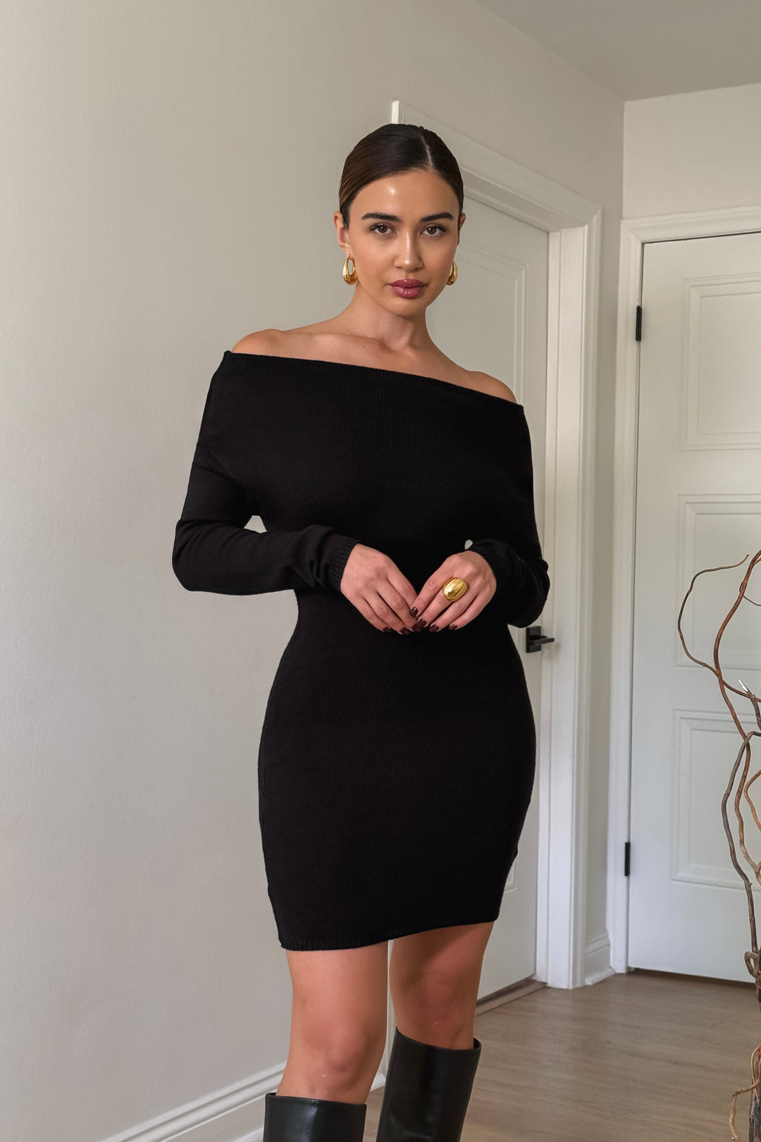 Jemma Off-Shoulder Knit Dress - Black