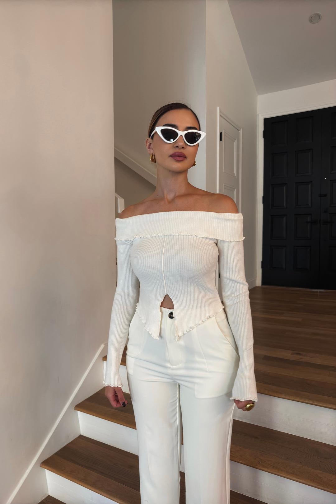 Genevieve Off-Shoulder Ribbed Slit Top