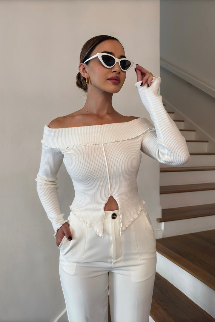 Genevieve Off-Shoulder Ribbed Slit Top