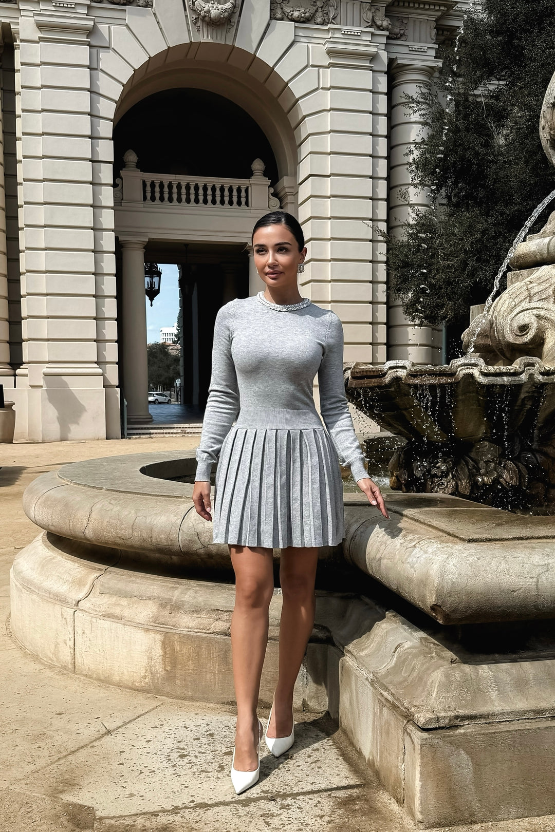 Maya Pearl Trim Pleated Knit Dress