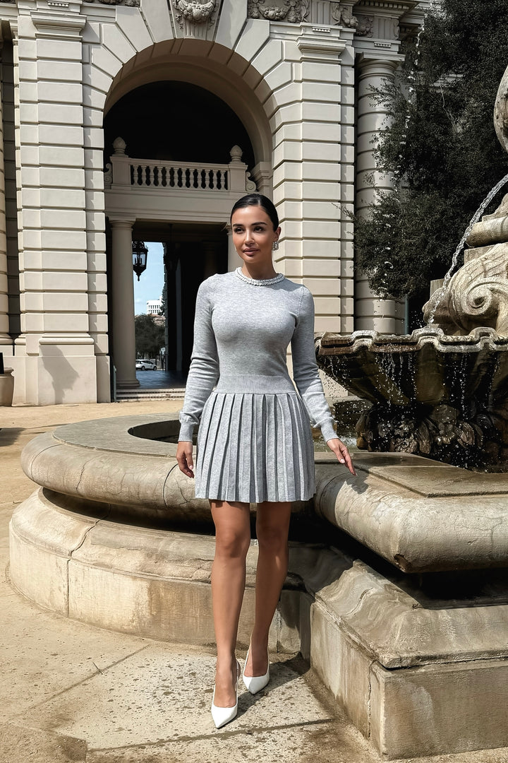 Maya Pearl Trim Pleated Knit Dress