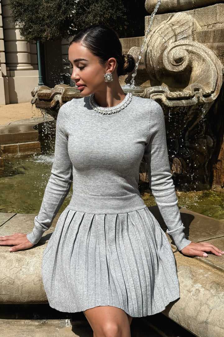 Maya Pearl Trim Pleated Knit Dress