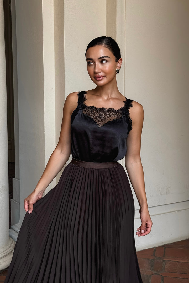 Celia Lace Trim Satin Top - Black