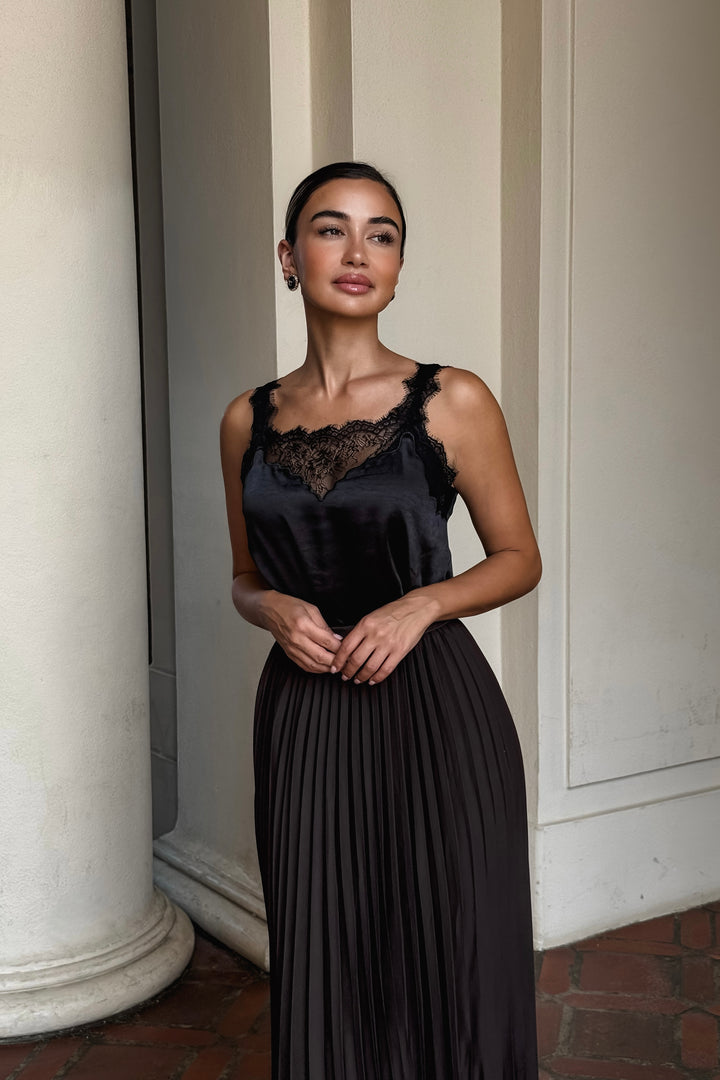 Celia Lace Trim Satin Top - Black