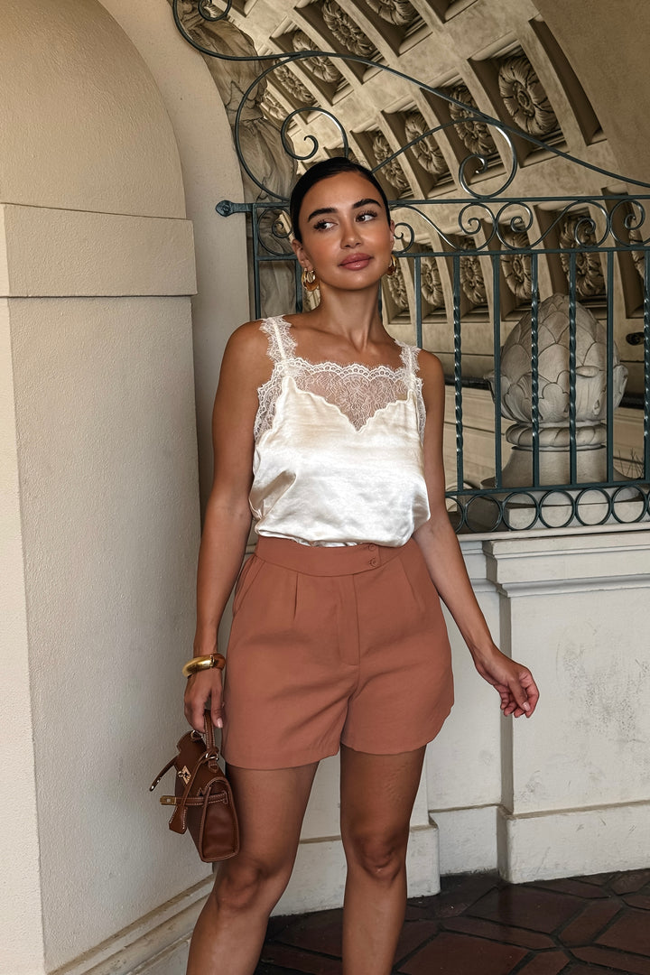 Celia Lace Trim Satin Top - Ivory