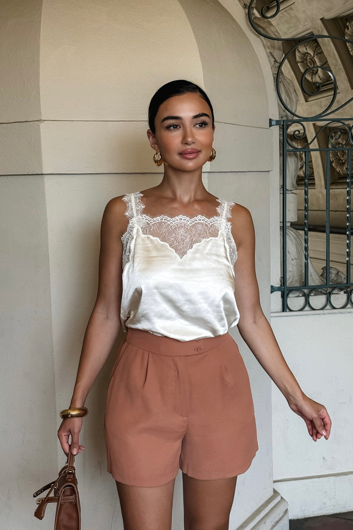 Celia Lace Trim Satin Top - Ivory