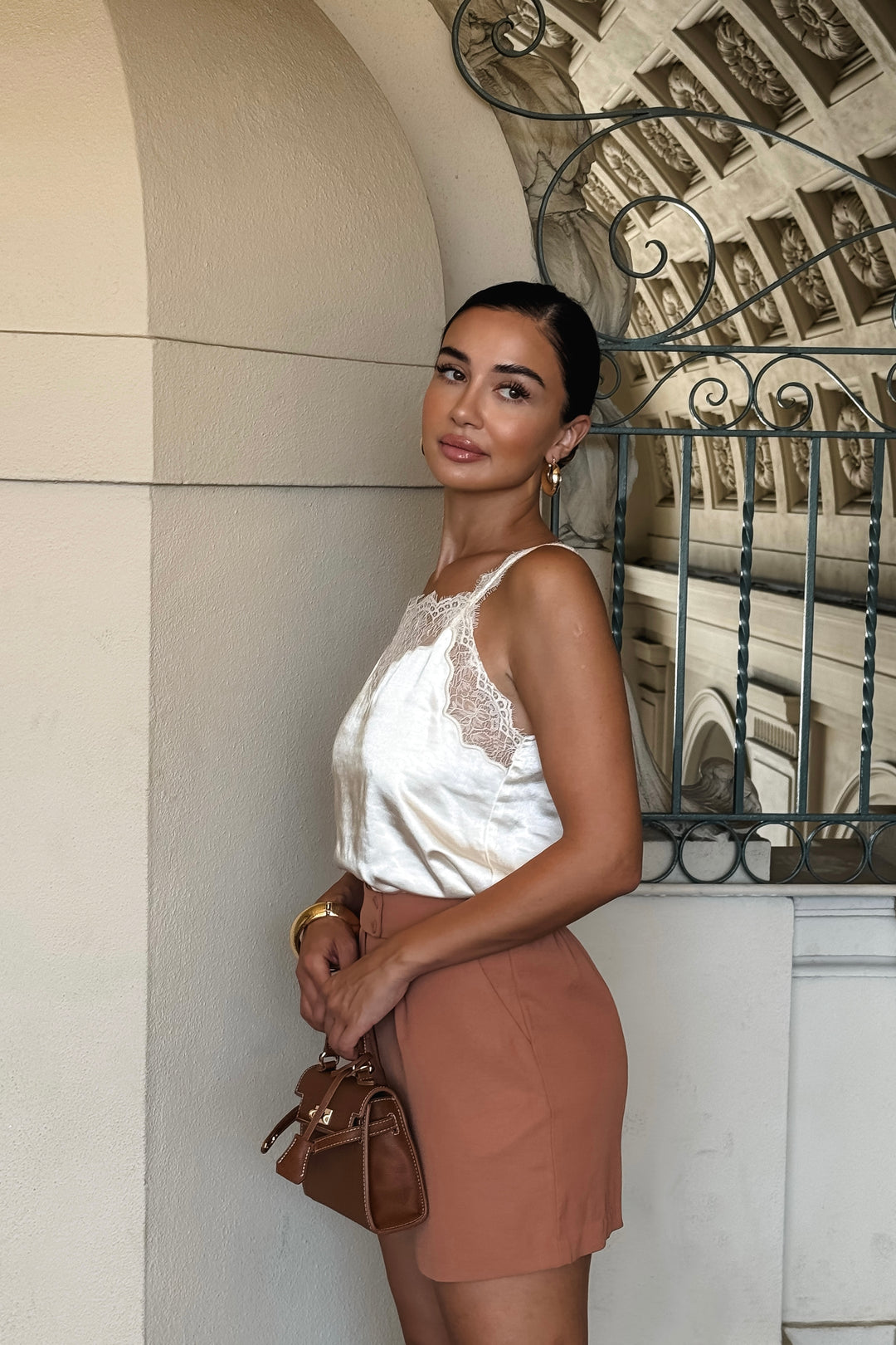 Celia Lace Trim Satin Top - Ivory