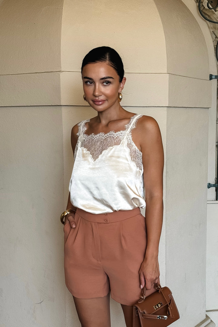 Celia Lace Trim Satin Top - Ivory