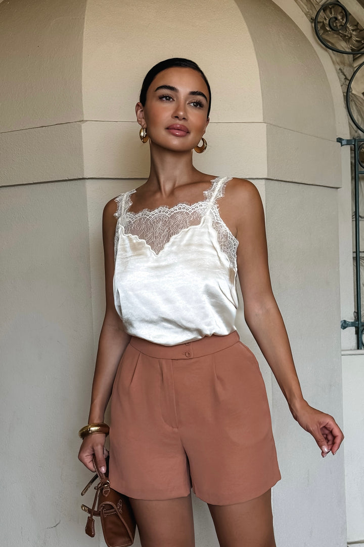Celia Lace Trim Satin Top - Ivory