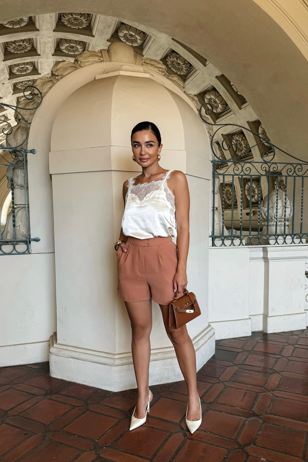 Celia Lace Trim Satin Top - Ivory