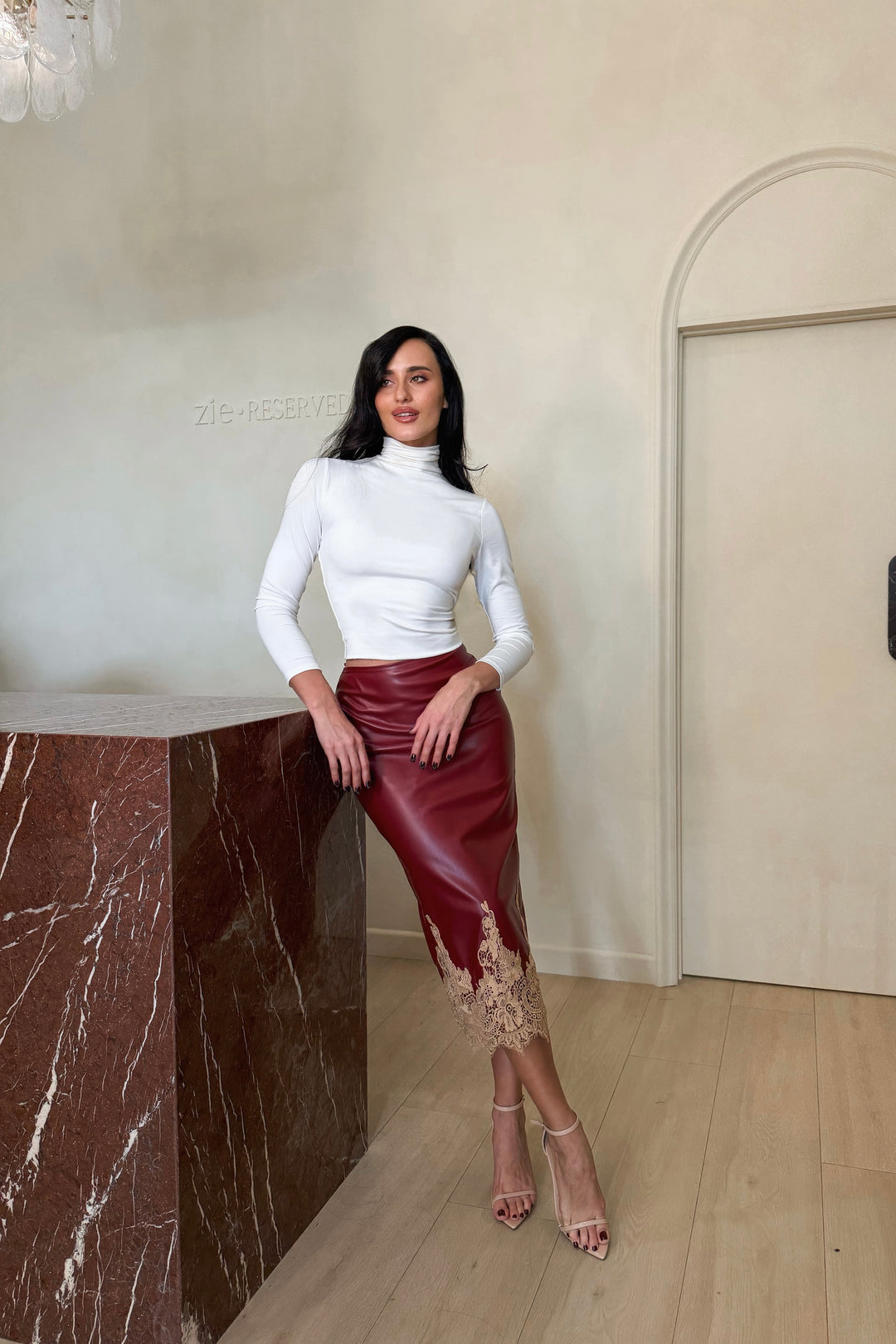 Gabanna Leather + Lace Trim Pencil Skirt
