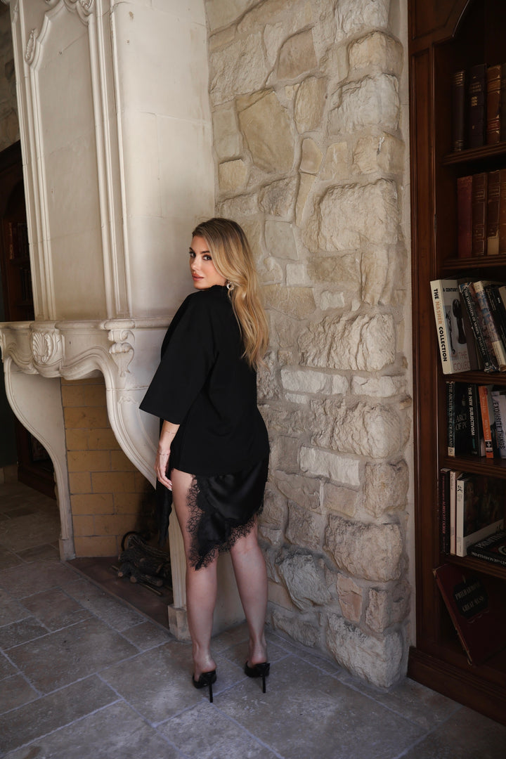 Rey Satin + Lace Trim T-Shirt Dress - Black