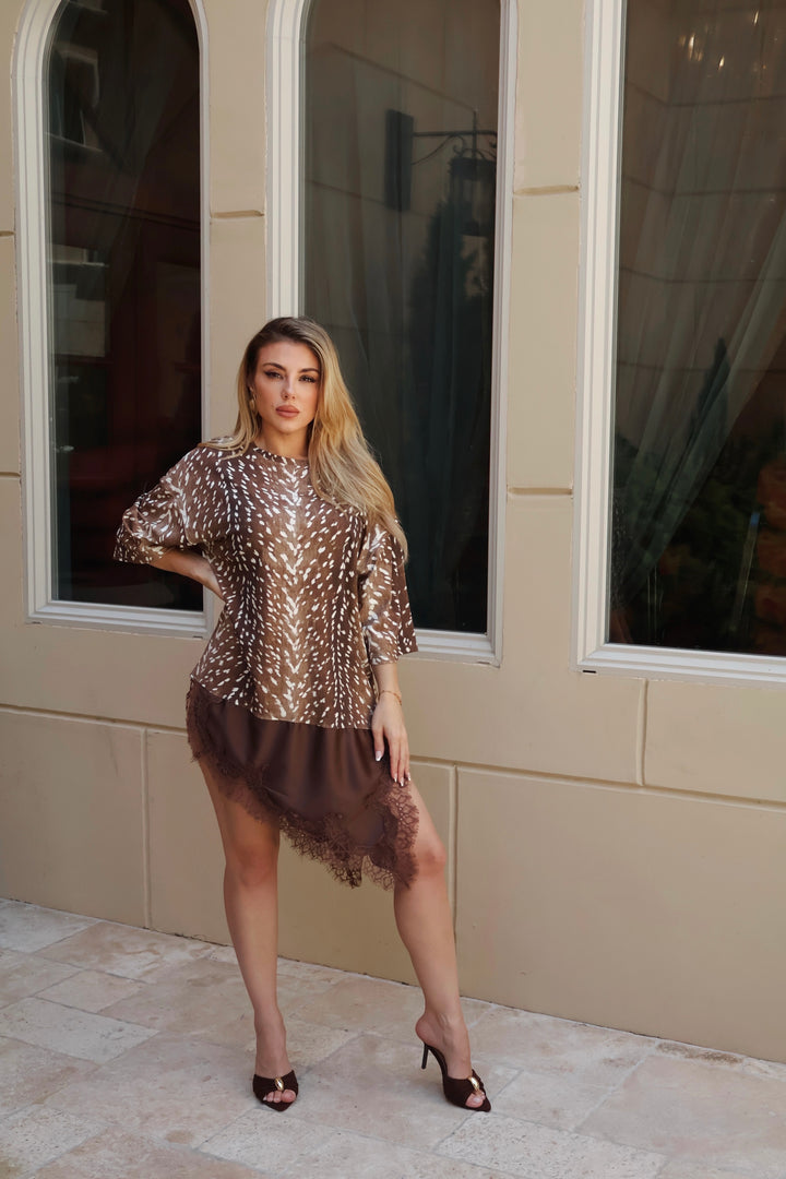 Rey Satin + Lace Trim T-Shirt Dress - Leopard